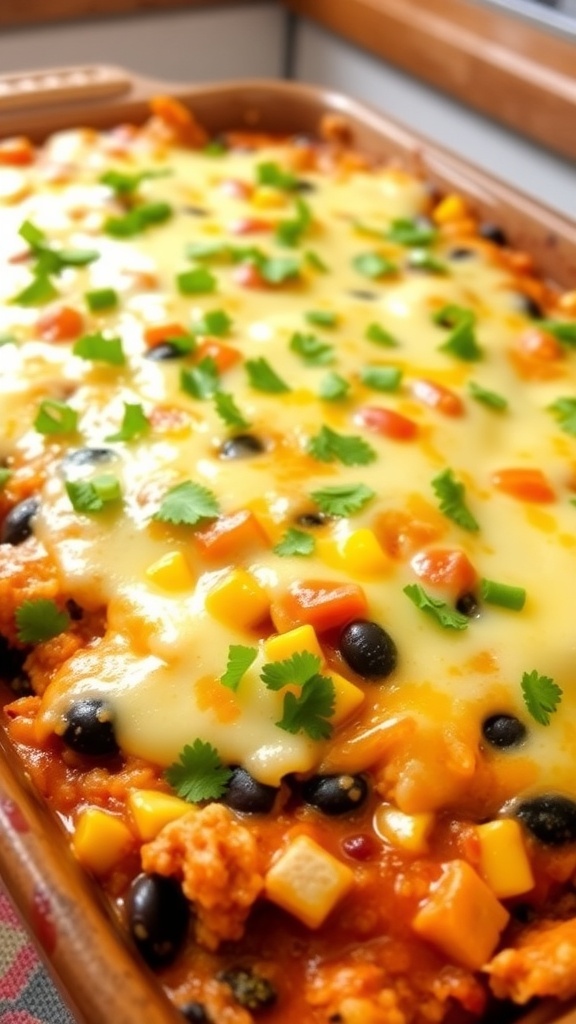 A hearty quinoa chicken enchilada bake with melted cheese, chicken, black beans, and corn, garnished with cilantro.